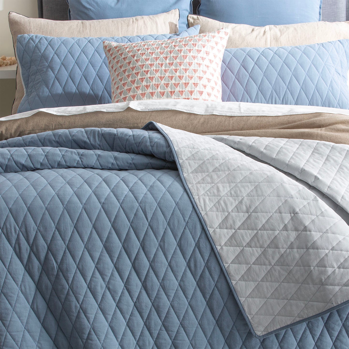 Diamante Cotton Reversible Coverlet Set - Quilted - Vintage Stone Washed