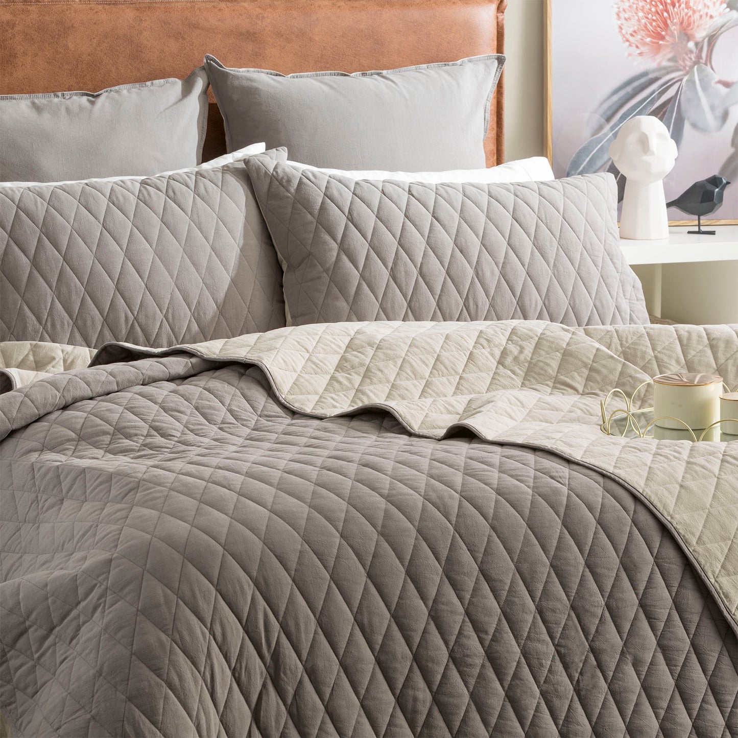 Diamante Cotton Reversible Coverlet Set - Quilted - Vintage Stone Washed