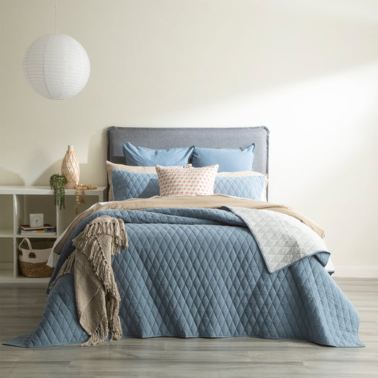 Diamante Cotton Reversible Coverlet Set - Quilted - Vintage Stone Washed